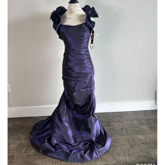 Teri Jon Rickie Freeman Women’s 100% Silk Gown Ruffle Train Dress Purple Size 4 - Picture 1 of 10